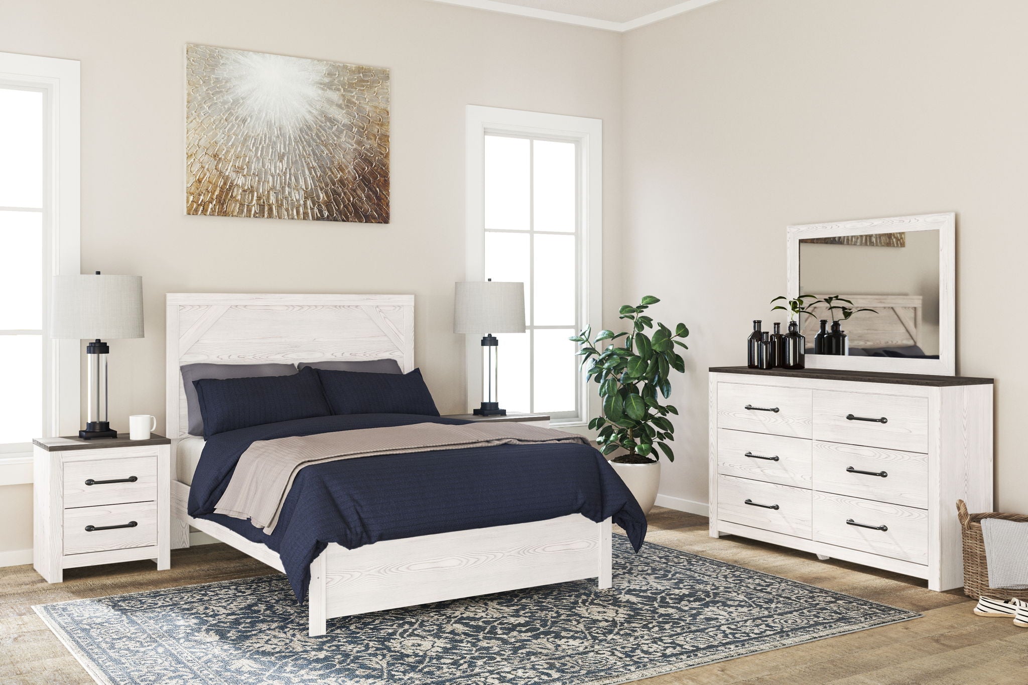 Full panel bed frame, light gray/white paneled footboard and side rails