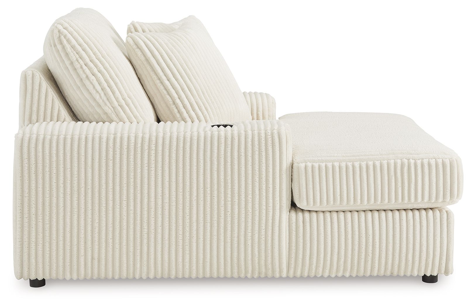 Corduroy chaise lounge chair in off-white with side arm panel and two back cushions.
