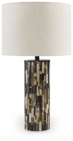 Table lamp with cream fabric shade and cylindrical black mosaic base