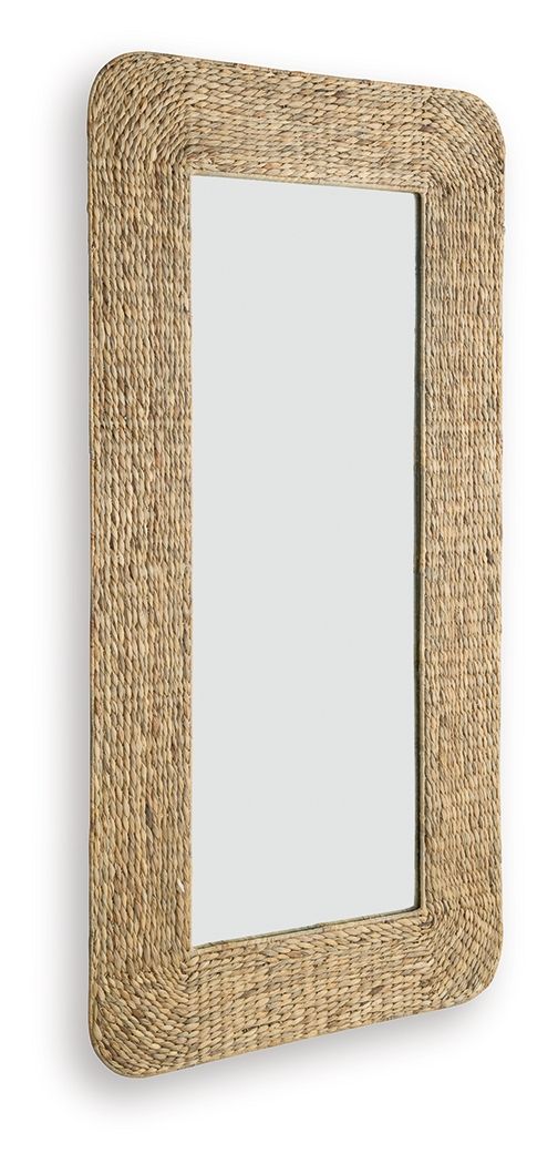 Natural woven floor mirror with light frame and rounded corners