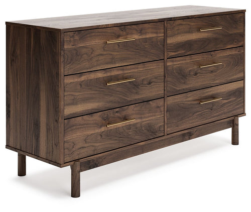 Mocha wood accent drawer chest with brass bar handles, side view and top surface