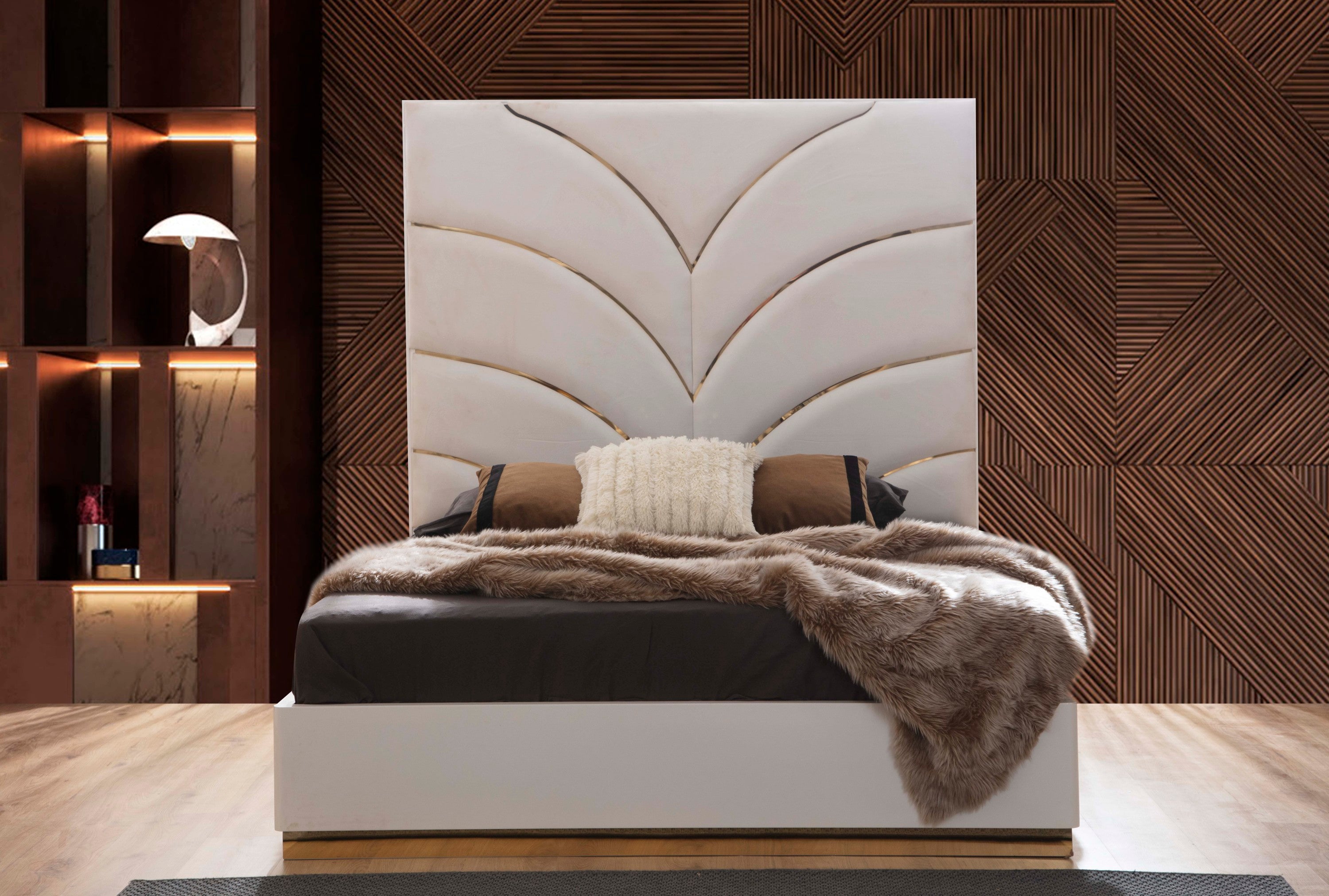 White Queen Size Upholstered Wood Bed Frame - Laura Gold | NJ