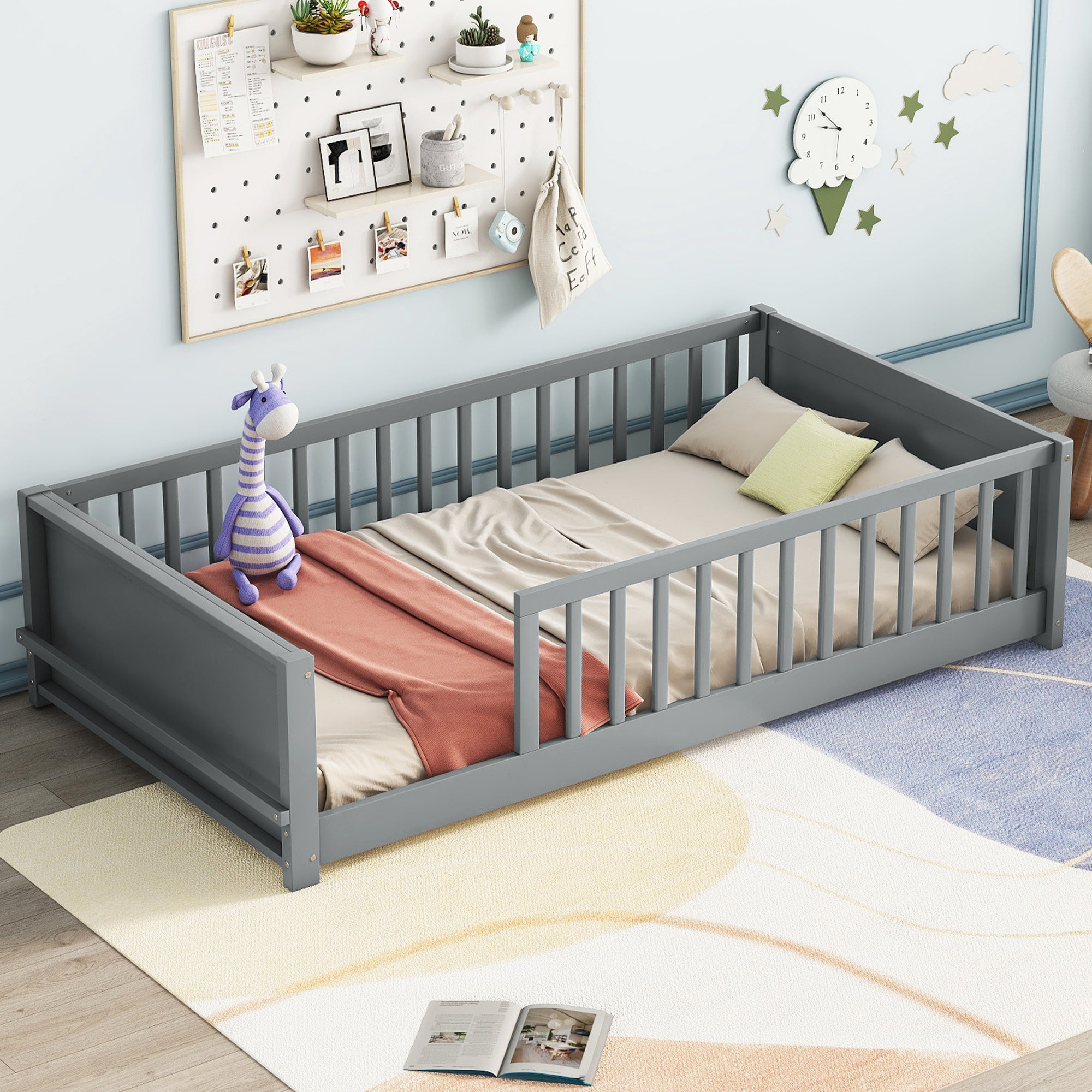Twin Platform Bed w/ Bookcase - Grey