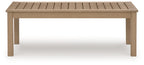 Rectangular driftwood cocktail table with slatted top and straight wooden legs.