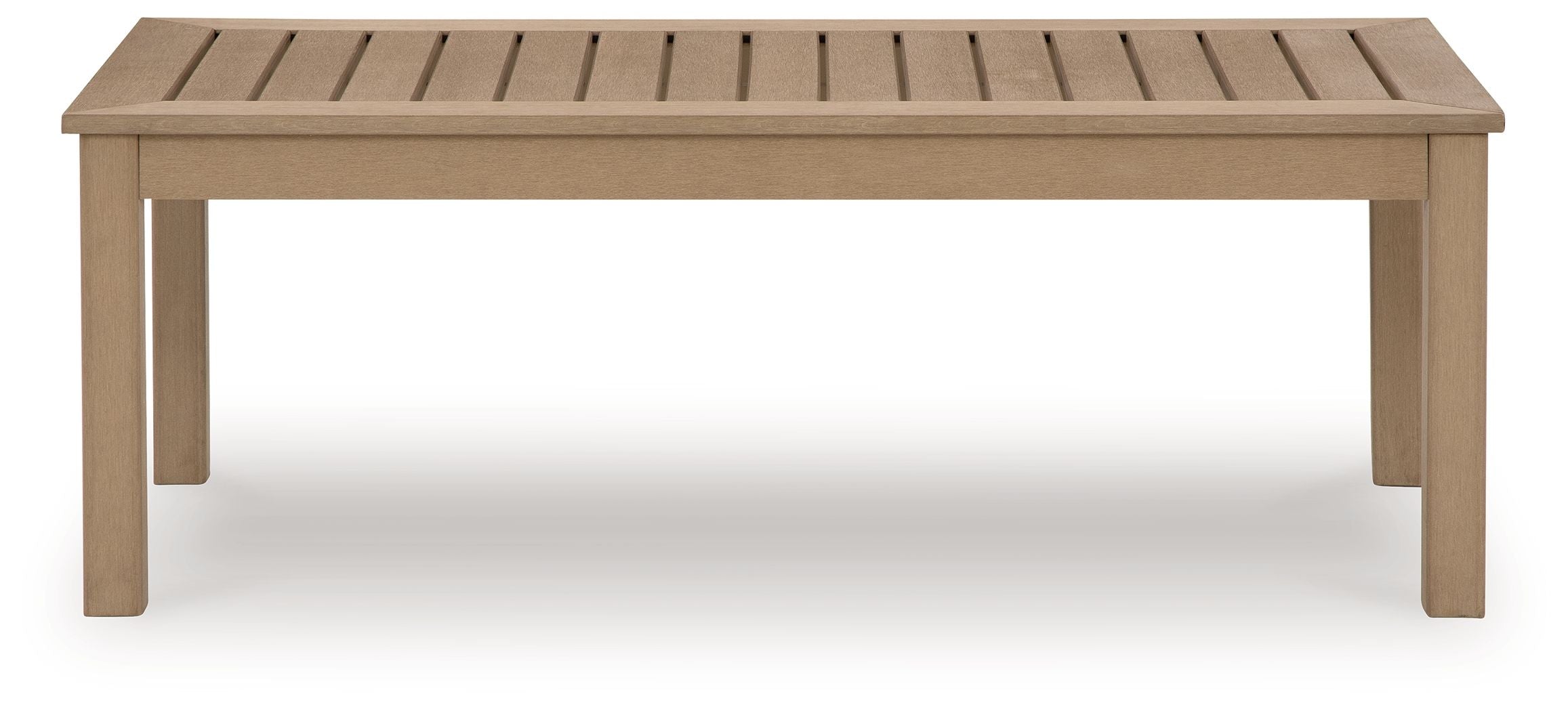 Rectangular driftwood cocktail table with slatted top and straight wooden legs.