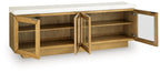 Light brown accent cabinet with two doors open to reveal adjustable shelves