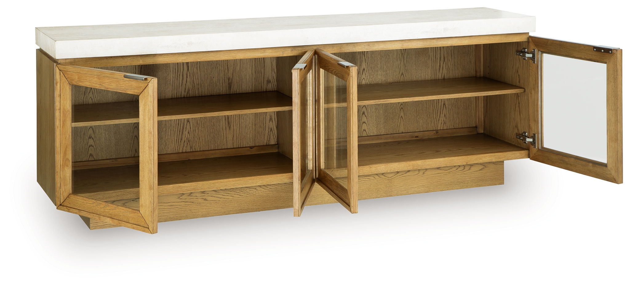 Light brown accent cabinet with two doors open to reveal adjustable shelves