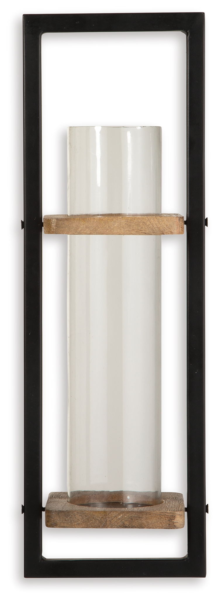 Black metal wall sconce with clear glass cylinder and natural wood top and base rings