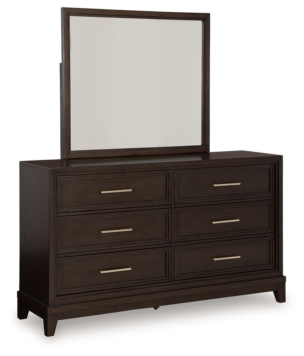 Dark grayish brown dresser with tall rectangular mirror and six drawers