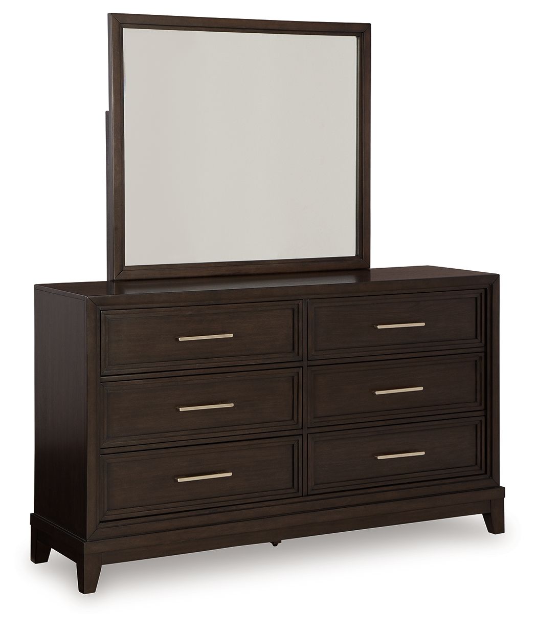 Dark grayish brown dresser with tall rectangular mirror and six drawers
