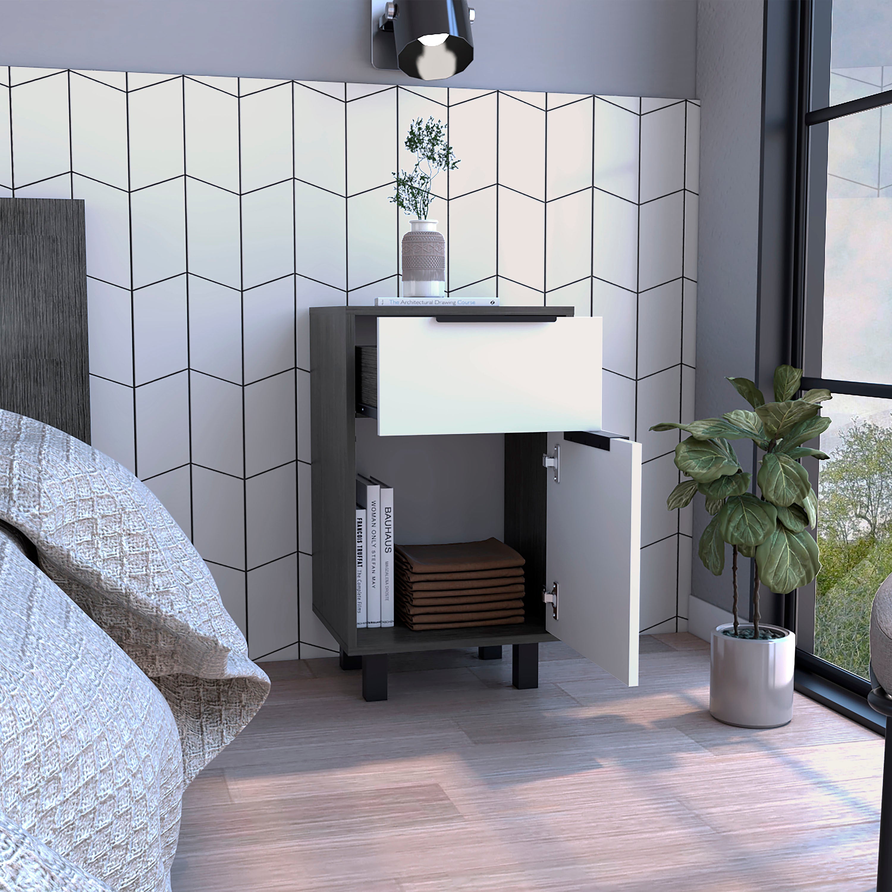 Kaia Z Nightstand - Oak/White - 1 Drawer, 1 Cabinet