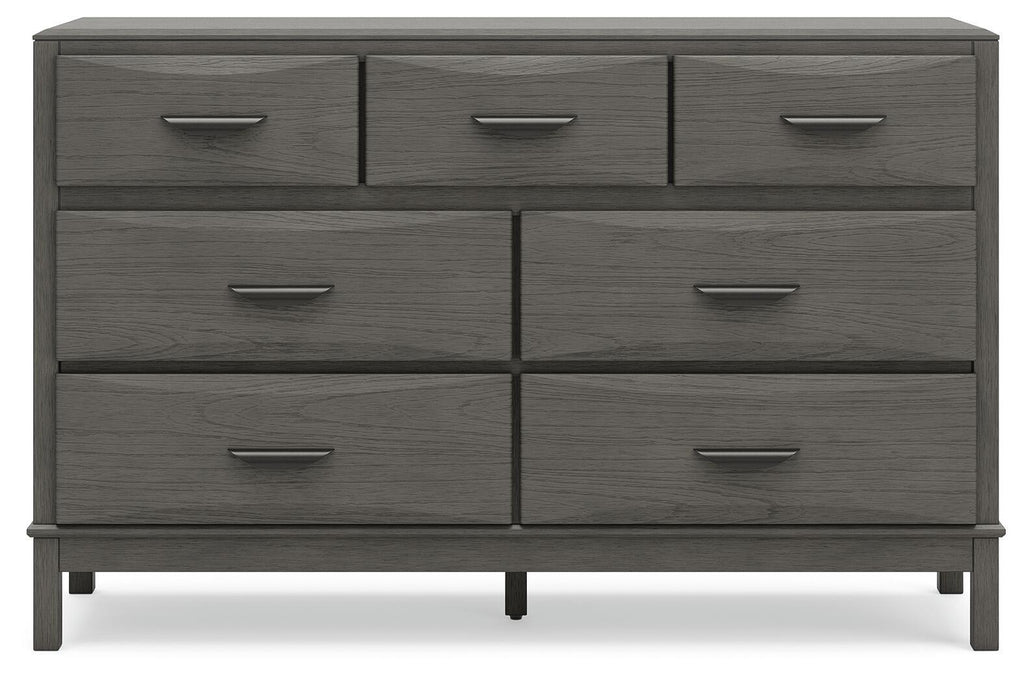 Gray wooden dresser with six drawers and silver bar pulls, straight front profile