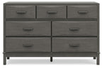 Gray wooden dresser with six drawers and silver bar pulls, straight front profile