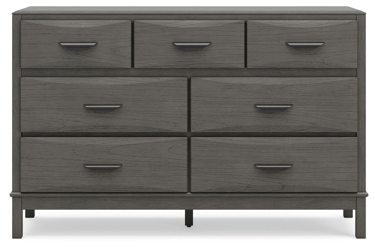 Gray wooden dresser with six drawers and silver bar pulls, straight front profile