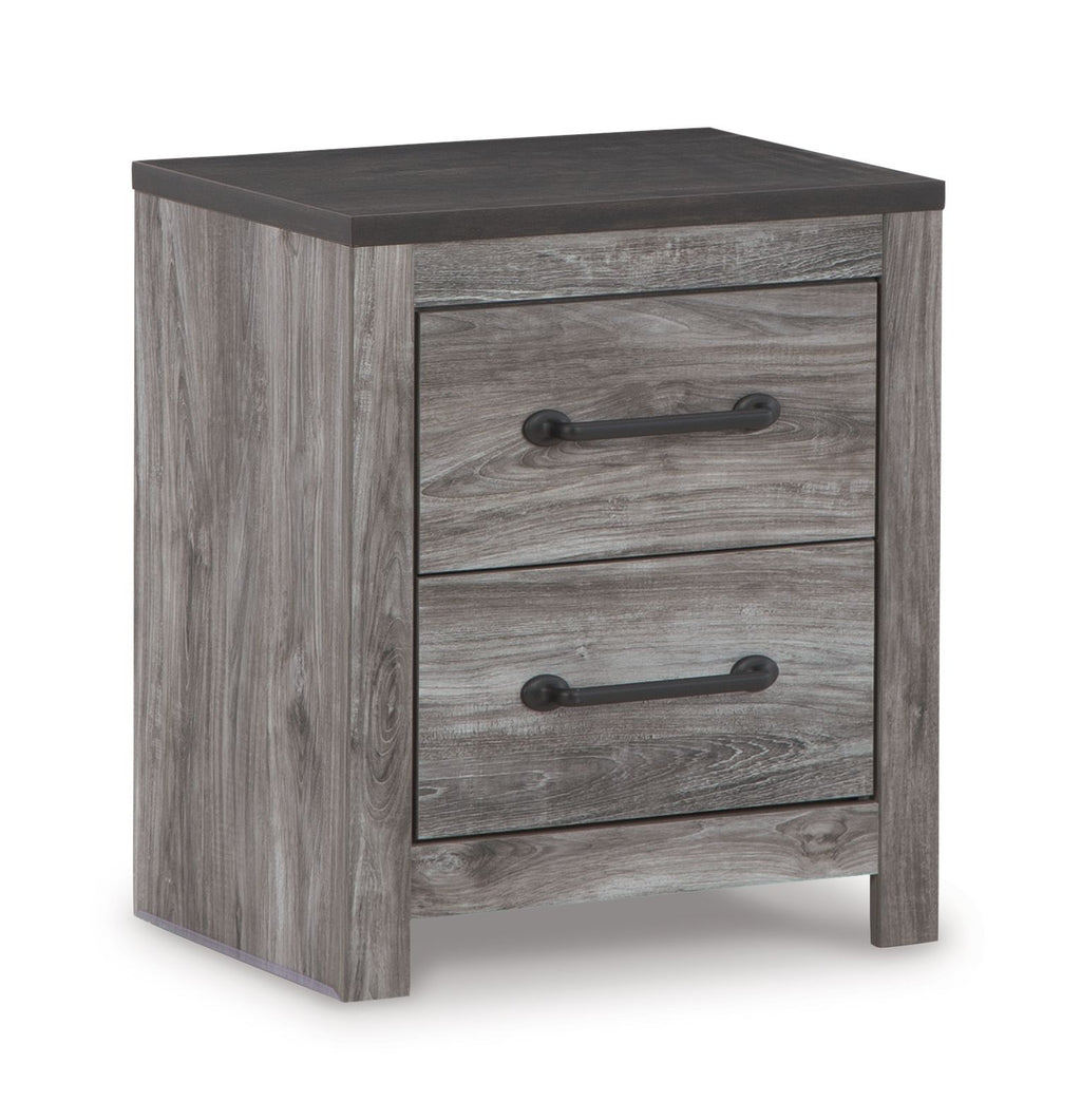 Two-drawer night stand with gray woodgrain finish and two black pull handles.