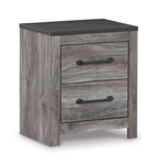 Two-drawer night stand with gray woodgrain finish and two black pull handles.