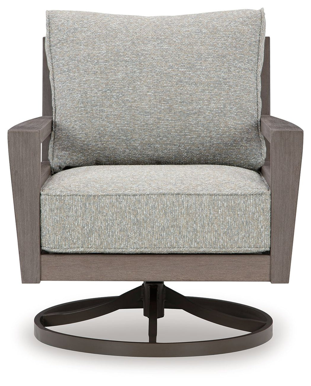 Gray cushioned swivel lounge chair with square arms and round base, dark brown wood