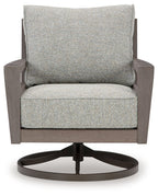 Gray cushioned swivel lounge chair with square arms and round base, dark brown wood