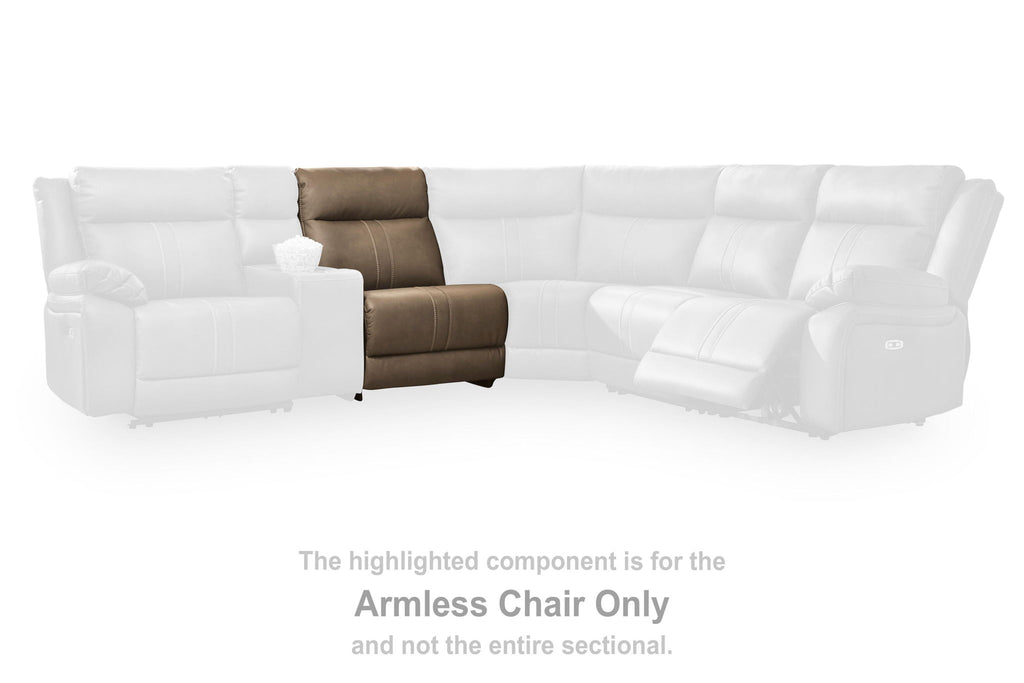 Highlighted armless chair component in dark biscotti fabric within sectional