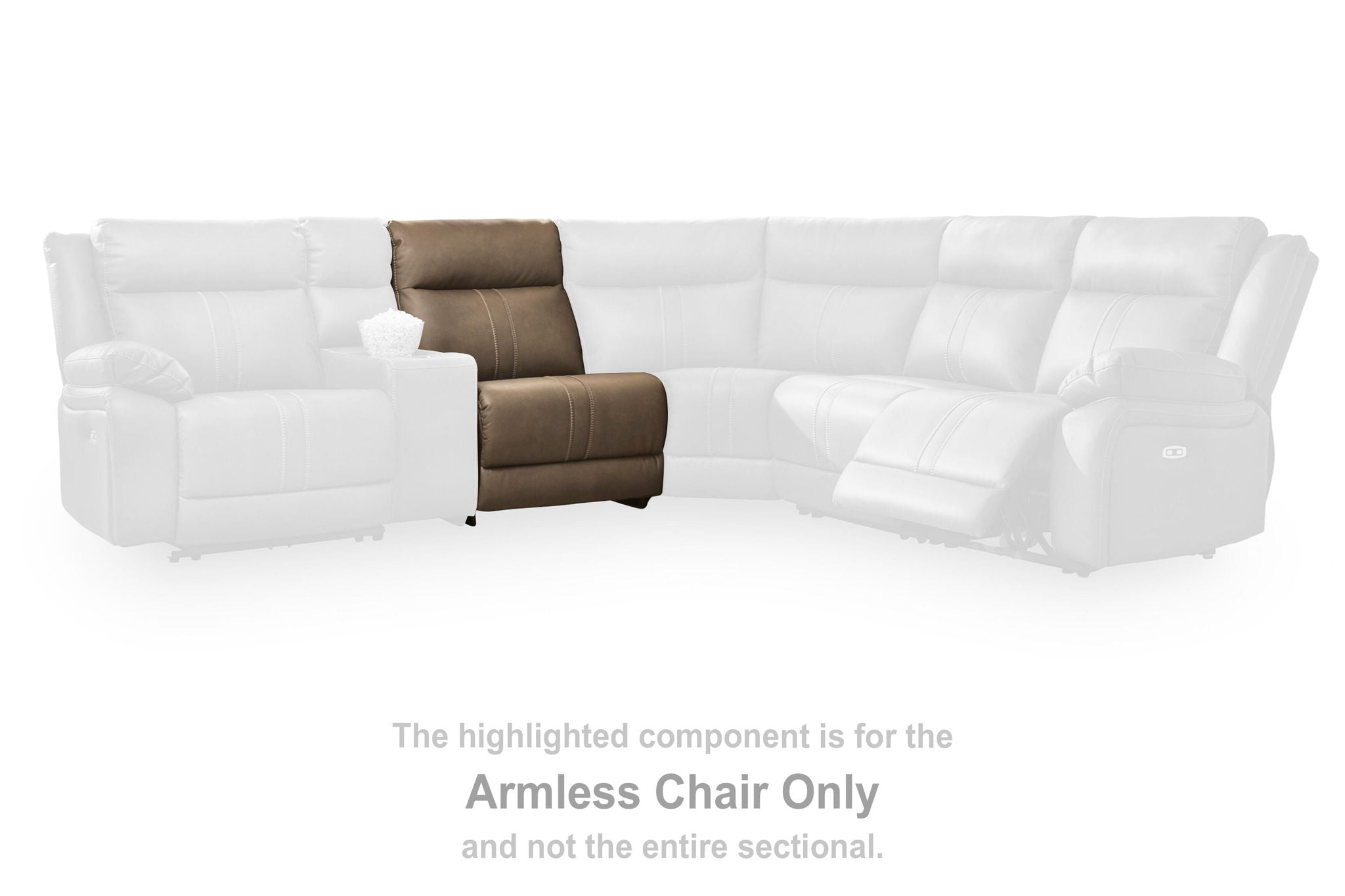 Highlighted armless chair component in dark biscotti fabric within sectional