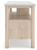 Light wood TV stand with open center shelf and one cabinet door panel below
