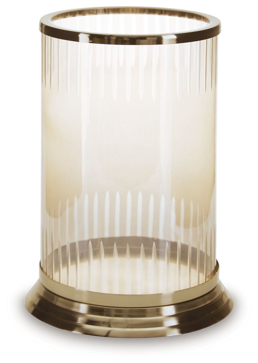 Aavinson glass candle holder with gold top rim and fluted drip sides, round base