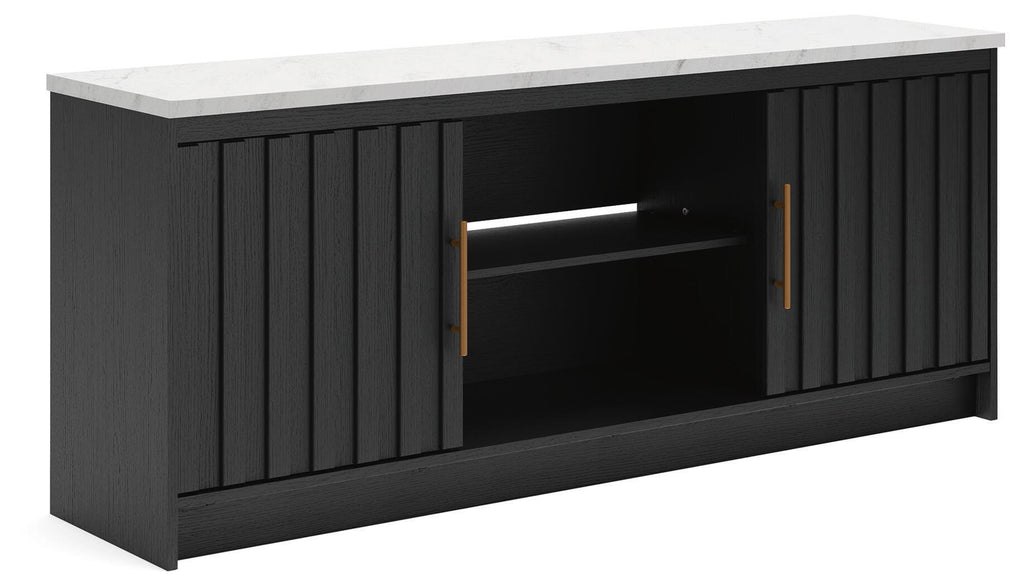 Cadmori TV stand with fireplace option in black, two-door cabinet with open center shelf