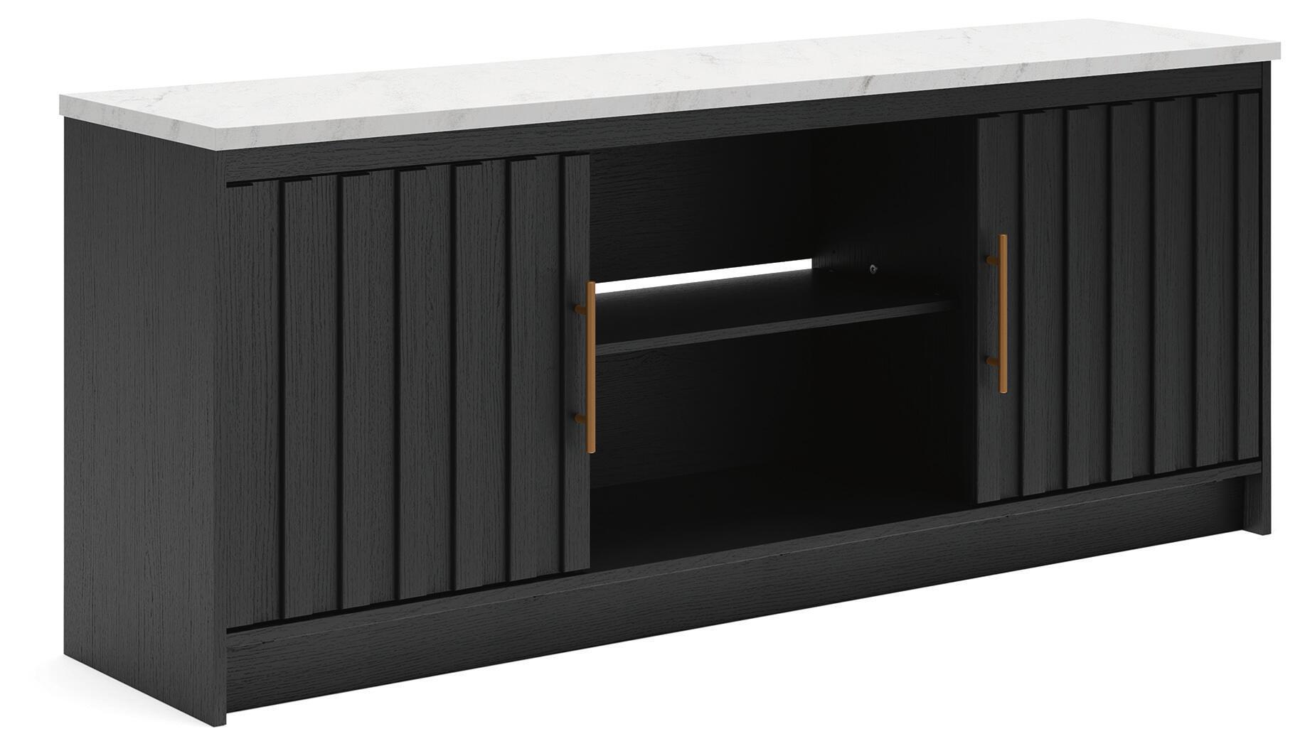 Cadmori TV stand with fireplace option in black, two-door cabinet with open center shelf