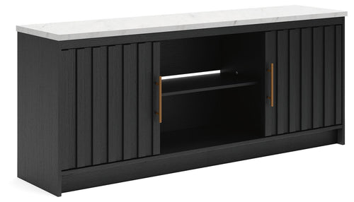 Cadmori TV stand with fireplace option in black, two-door cabinet with open center shelf