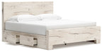 Beige panel bed with under-bed drawer units and white mattress