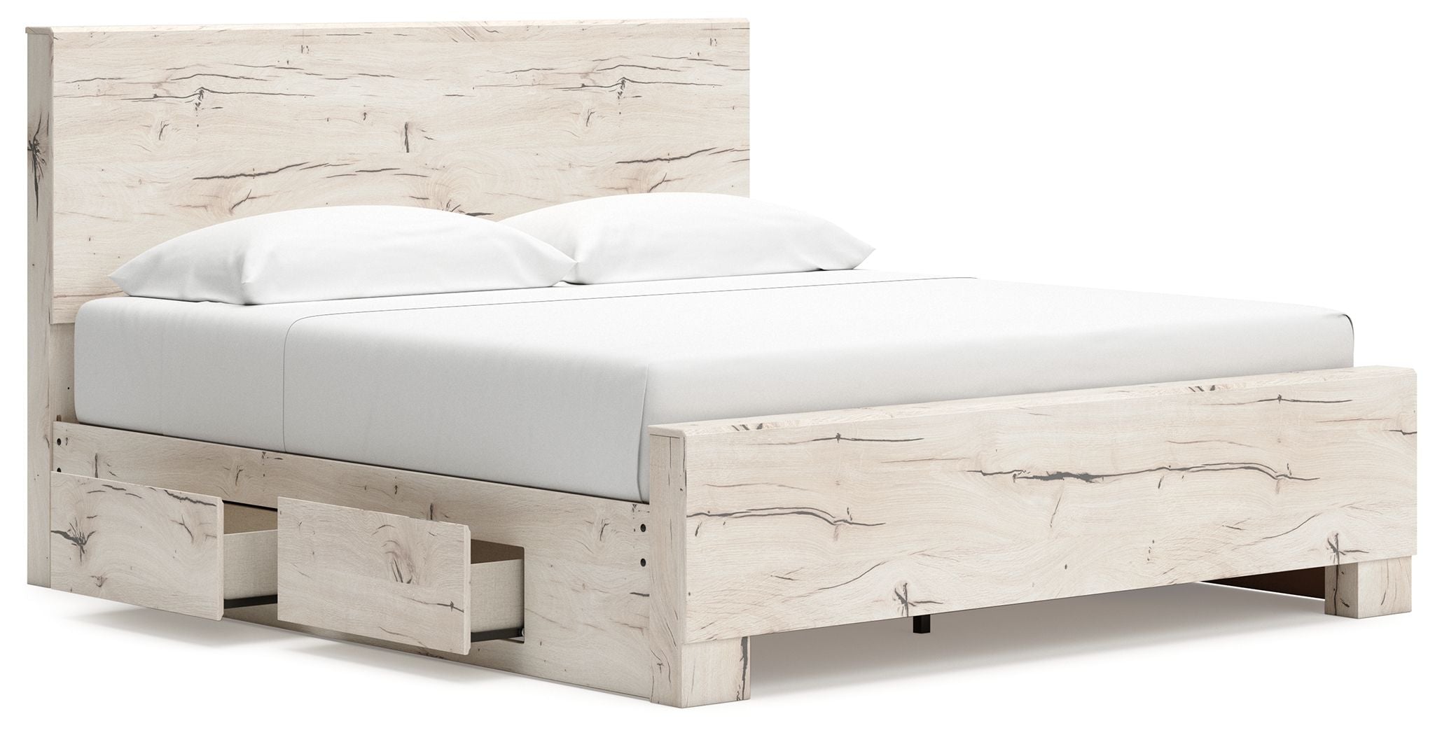 Beige panel bed with under-bed drawer units and white mattress
