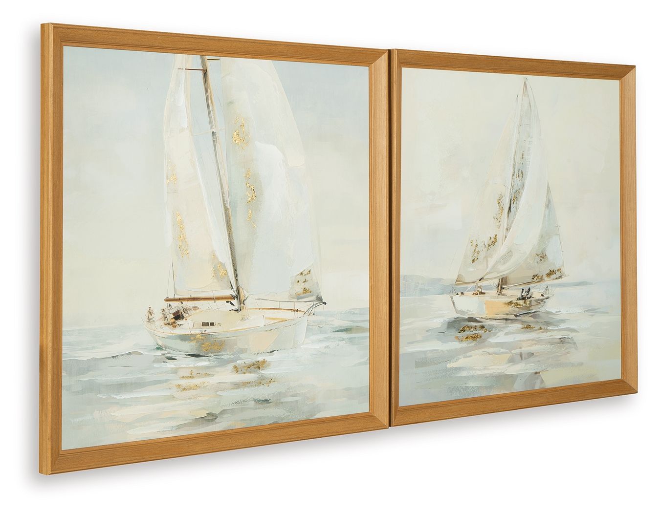 Sailboat wall art set of 2 with tan frames, side-by-side ocean scenes