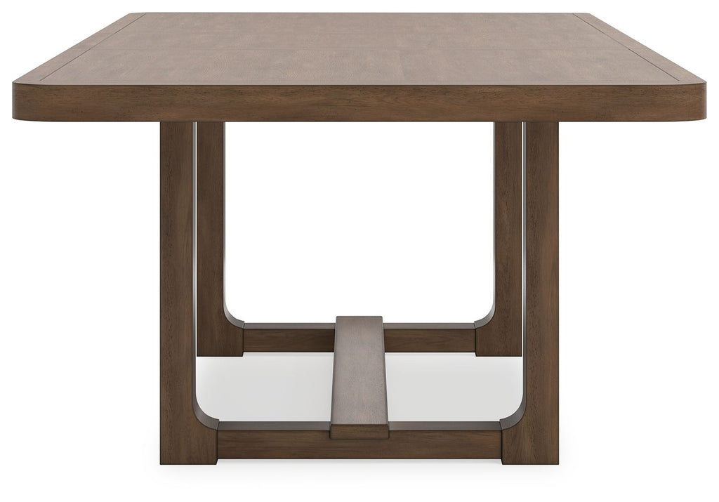 Light brown dining table top with trestle legs and cross brace