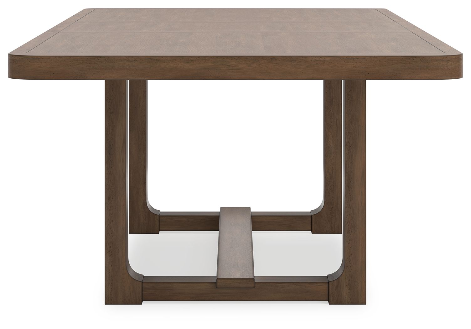 Light brown dining table top with trestle legs and cross brace