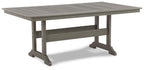 Gray rectangular dining table with slatted tabletop and sturdy legs