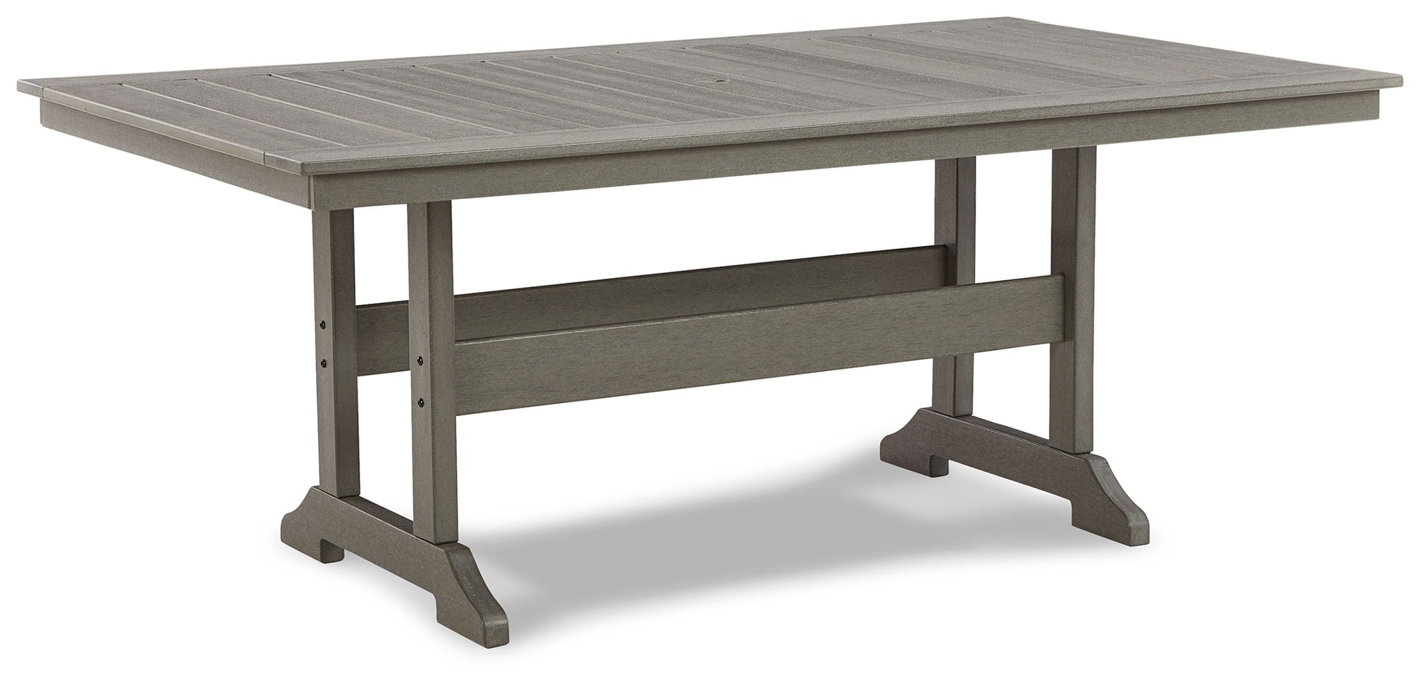 Gray rectangular dining table with slatted tabletop and sturdy legs
