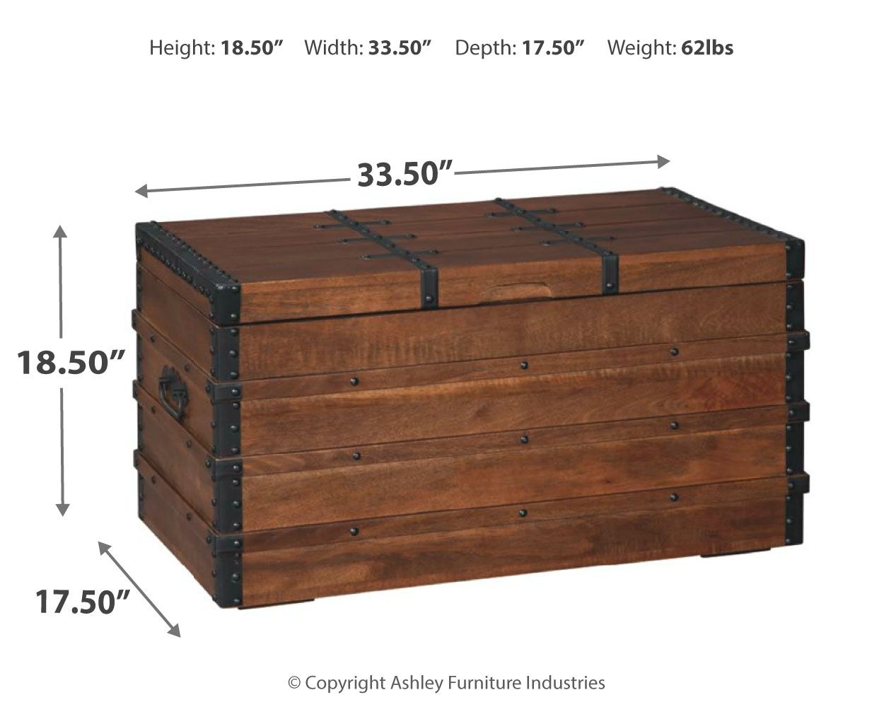 Brown wooden storage trunk with metal corner studs; 33.50 in W, 18.50 in H, 17.50 in D.