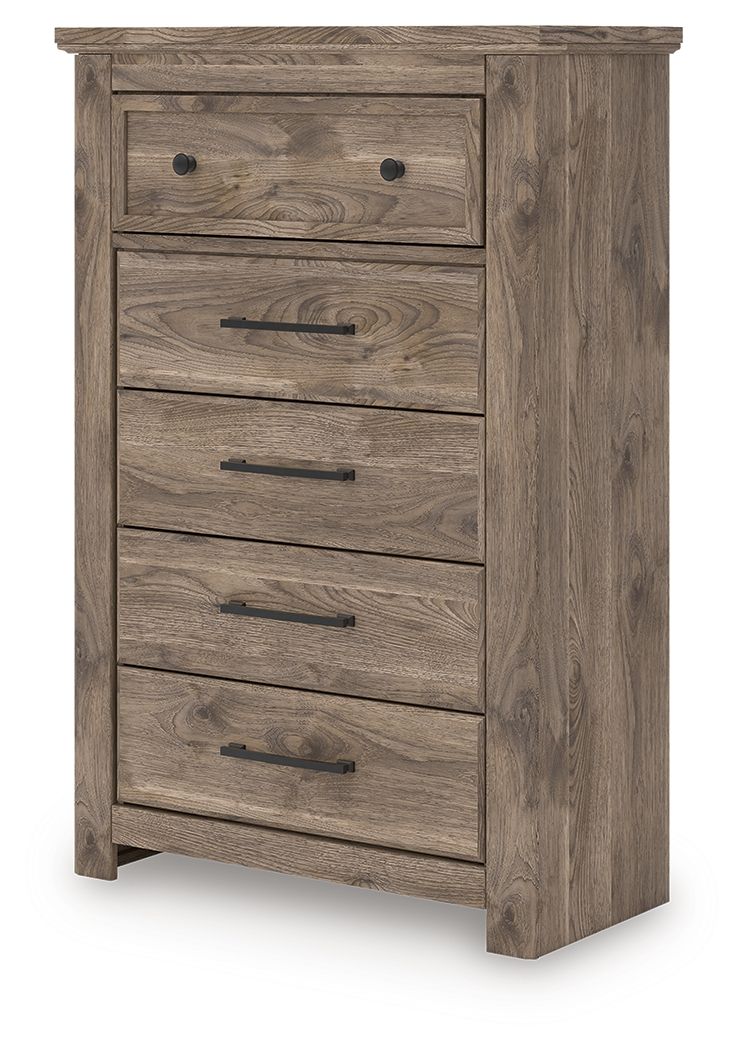 Five-drawer chest in rustic light brown wood with metal pulls, angled front view