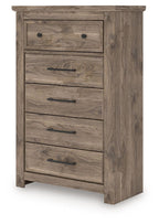 Five-drawer chest in rustic light brown wood with metal pulls, angled front view