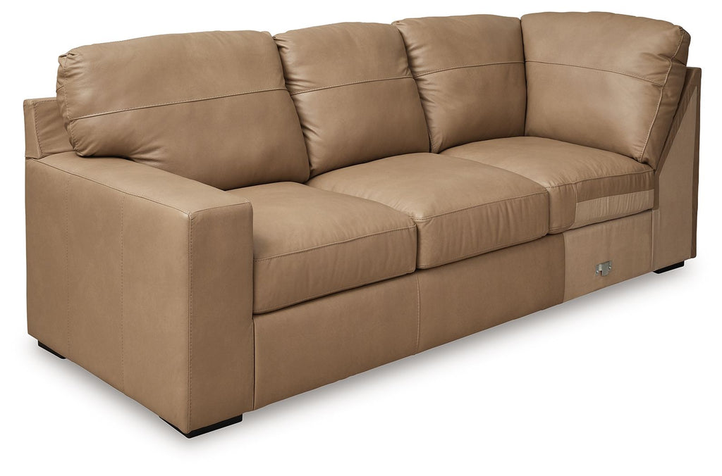Toffee brown corner wedge sectional sofa with three seat cushions and tufted backs
