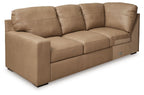 Toffee brown corner wedge sectional sofa with three seat cushions and tufted backs