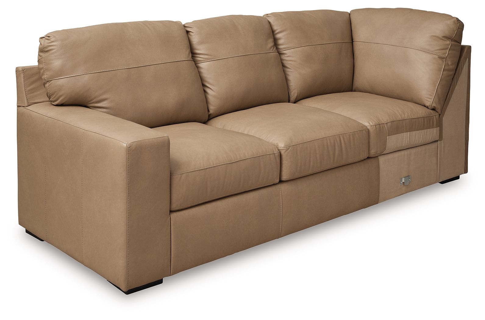 Toffee brown corner wedge sectional sofa with three seat cushions and tufted backs