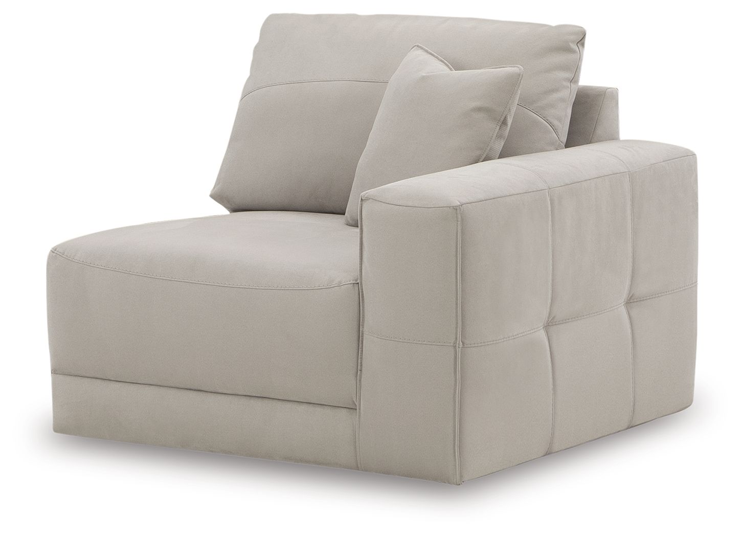 Gray corner chair with square arms, high back, and thick cushioned seat