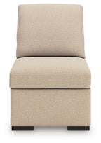 Armless chair with tall back and light beige twill seat cushion, visible black feet