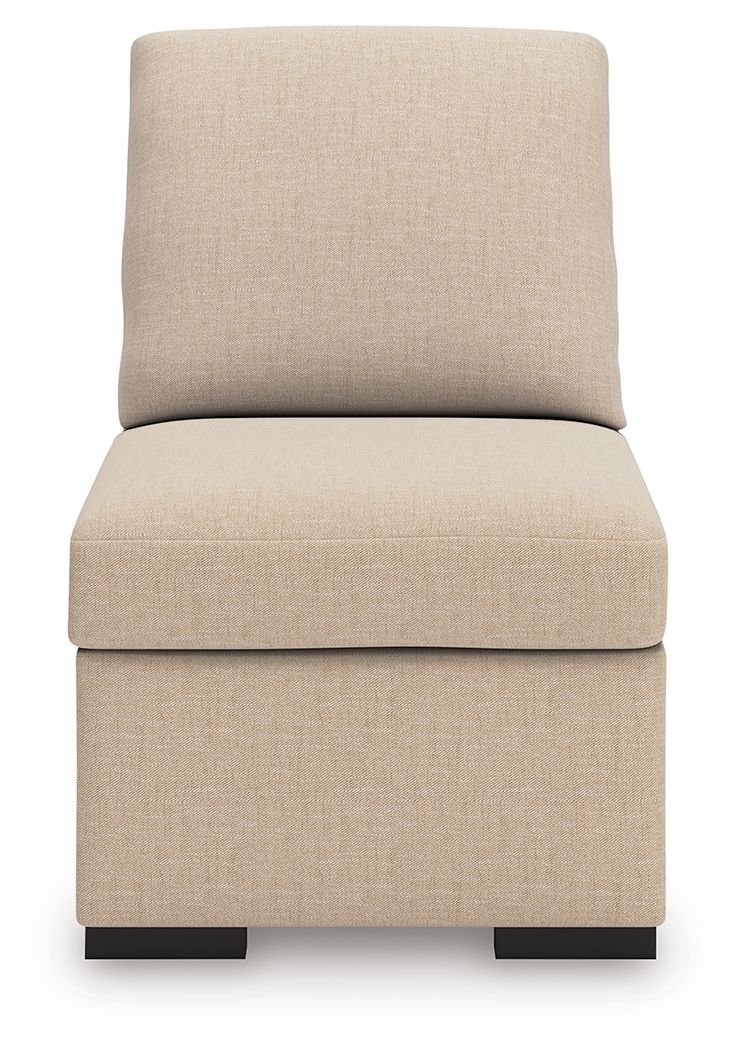 Armless chair with tall back and light beige twill seat cushion, visible black feet