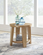 Kristiland light brown round end table with two-tier design and four tapered legs
