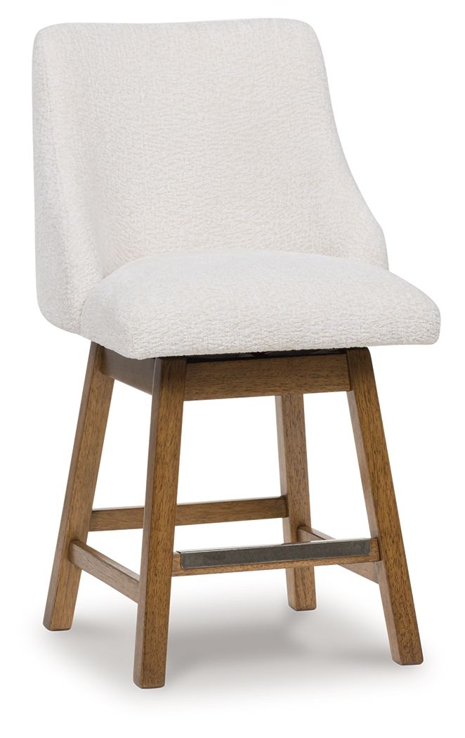 Upholstered barstool in oatmeal fabric with rounded seat and light brown legs