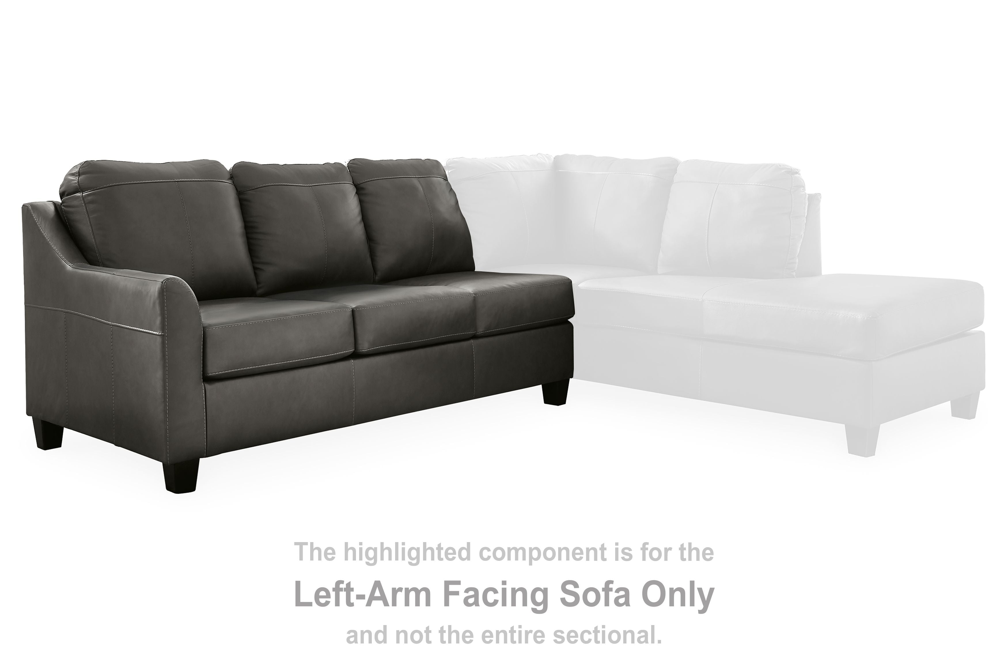Left-arm facing dark gray sofa with two back cushions and a three-seat section