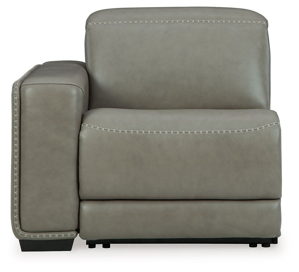 Gray power recliner chair with wide padded arms and seat