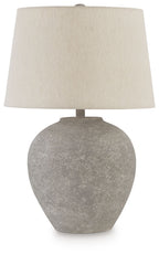 Distressed gray paper table lamp with fabric drum shade and rounded base